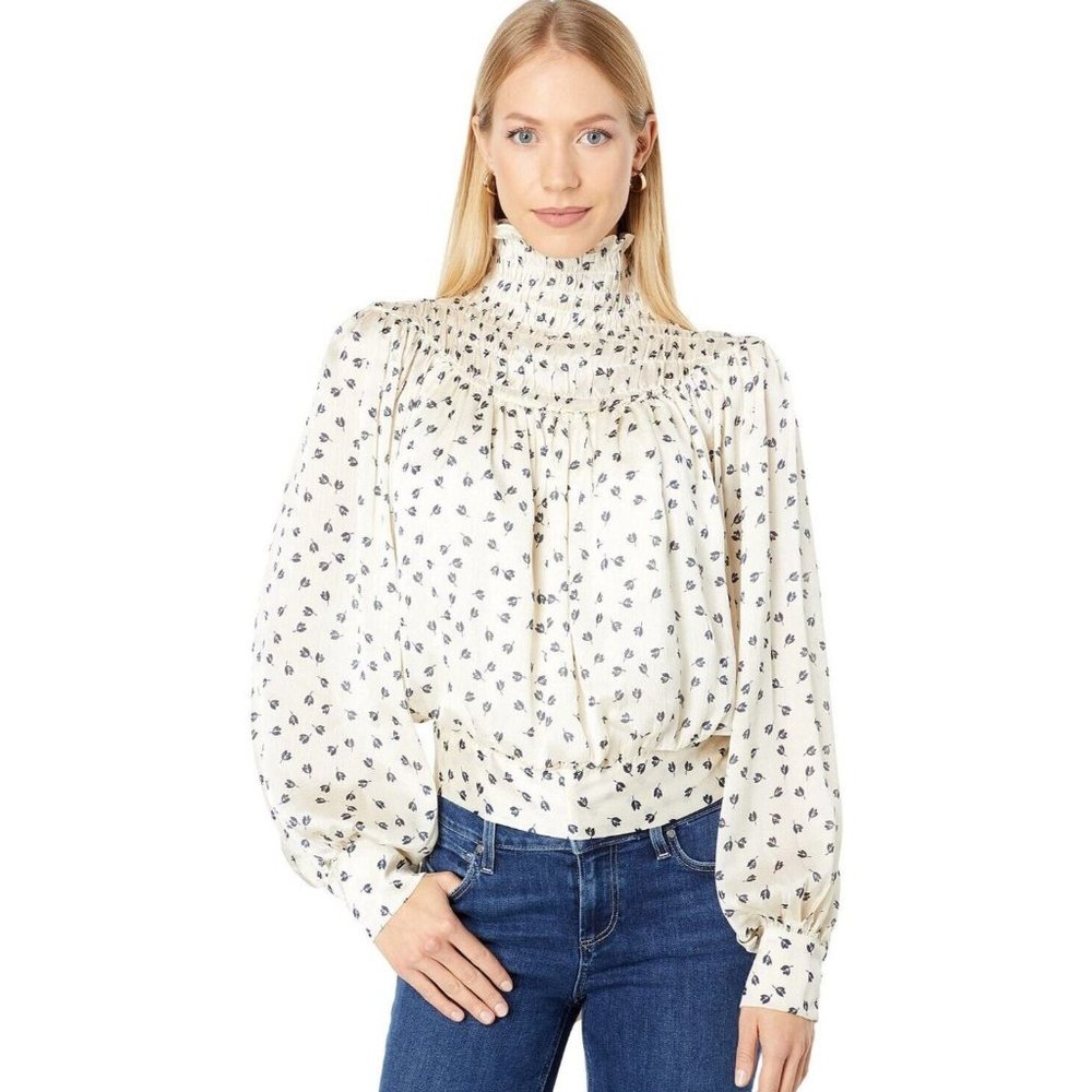 Bishop + Young Womens Large Tucker Smock Neck Print Top NEW